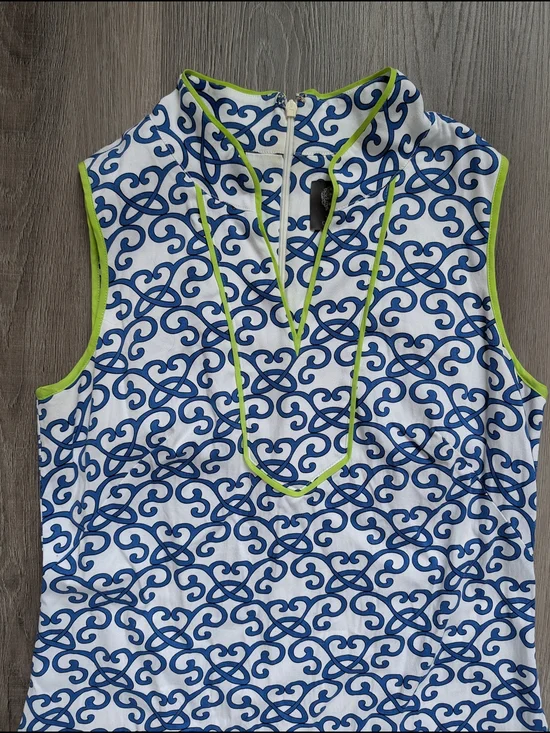Vince Camuto Dress Womens Size 8 Blue White Print Sleeveless Shift Neon Trim - Picture 3 of 6